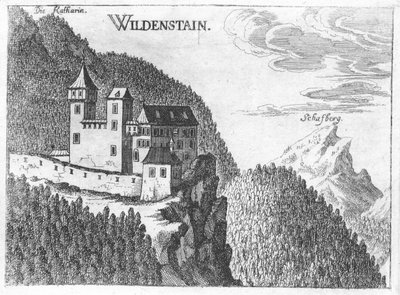 Engraving, view of Wildenstein Castle, Upper Austria by Georg Matthaus Vischer